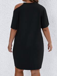 SHEIN LUNE Plus Letter Graphic Asymmetrical Neck Tee Dress - Black - View 2