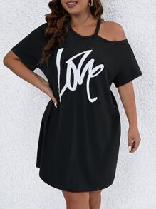 SHEIN LUNE Plus Letter Graphic Asymmetrical Neck Tee Dress - Black - View 3