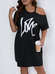 SHEIN LUNE Plus Letter Graphic Asymmetrical Neck Tee Dress - Black - View 5