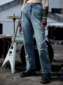 ROMWE Grunge Punk Quần jean nữ Nút Túi Dây kéo Hình học - Rửa trung bình - Xem 1