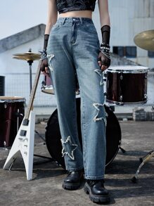 ROMWE Grunge Punk Quần jean nữ Nút Túi Dây kéo Hình học - Rửa trung bình - Xem 4