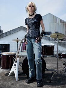 ROMWE Grunge Punk Quần jean nữ Nút Túi Dây kéo Hình học - Rửa trung bình - Xem 5