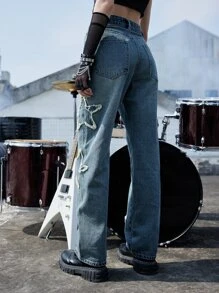 ROMWE Grunge Punk Quần jean nữ Nút Túi Dây kéo Hình học - Rửa trung bình - Xem 6