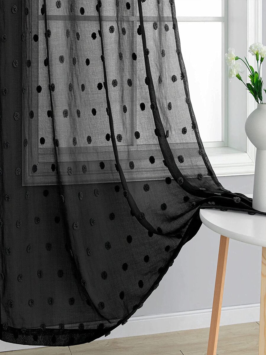 1入組圓點刺繡薄紗窗簾織物濾光隱私薄紗窗簾適用於客廳和臥室四季皆宜 - 黑色 - 查看 1