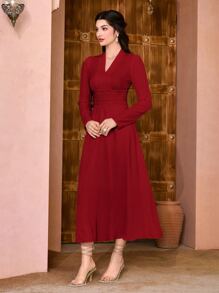 Modelyn 素色交疊領褶邊洋裝