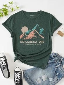 SHEIN Essnce Mountain And Slogan Graphic Tee - Dark Green - View 1