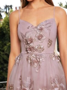 SHEIN Belle 花卉刺繡網紗覆蓋吊帶連衣裙 - 藕粉色 - 查看 7