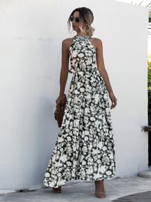 Breezaya Vestido halter con estampado floral bajo con fruncido con cinturón - Multicolor - Ver 1