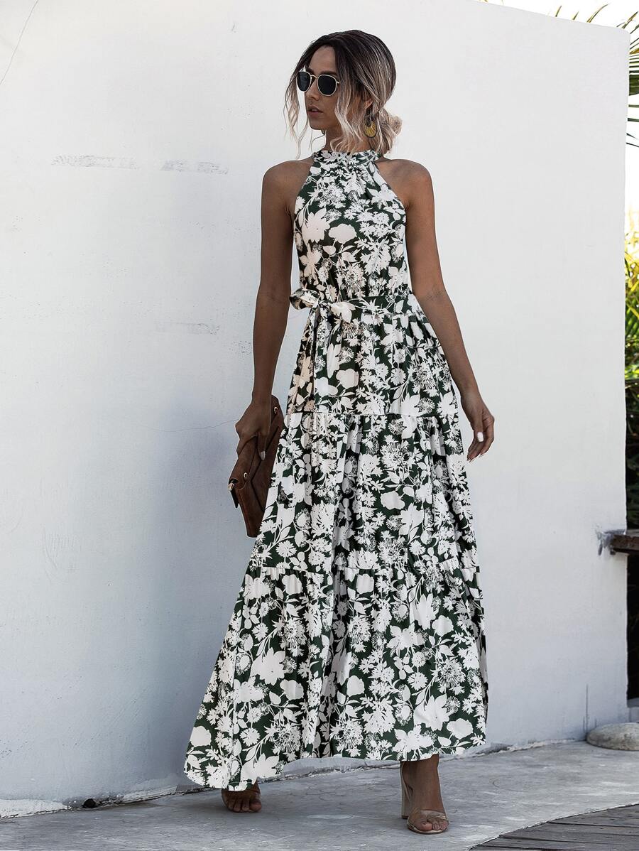 Breezaya Vestido halter con estampado floral bajo con fruncido con cinturón - Multicolor - Ver 1