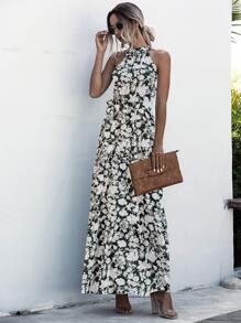 Breezaya Vestido halter con estampado floral bajo con fruncido con cinturón - Multicolor - Ver 3