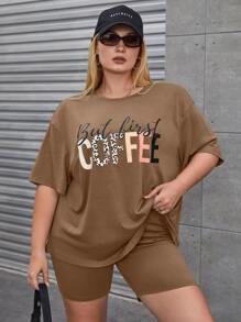 Flirla Plus Letter Graphic Drop Shoulder Tee & Cycling Shorts - Khaki - View 1