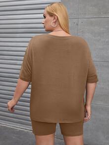 Flirla Plus Letter Graphic Drop Shoulder Tee & Cycling Shorts - Khaki - View 2