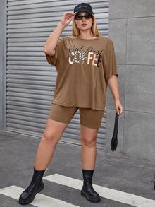 Flirla Plus Letter Graphic Drop Shoulder Tee & Cycling Shorts - Khaki - View 3