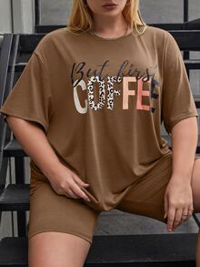 Flirla Plus Letter Graphic Drop Shoulder Tee & Cycling Shorts - Khaki - View 5