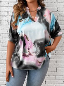Calvaya Plus Tie Dye Notched Neckline Blouse - Multicolor - View 3