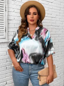 Calvaya Plus Tie Dye Notched Neckline Blouse - Multicolor - View 5