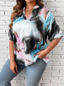 Calvaya Plus Tie Dye Notched Neckline Blouse - Multicolor - View 6
