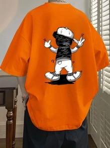 Manfinity Hypemode Camiseta suelta con gráfico de dibujos animados de hombros caídos para hombre - Naranja - Ver 1