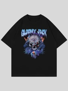 ROMWE MEN Guys Skull & Slogan Graphic Tee - Black - View 1