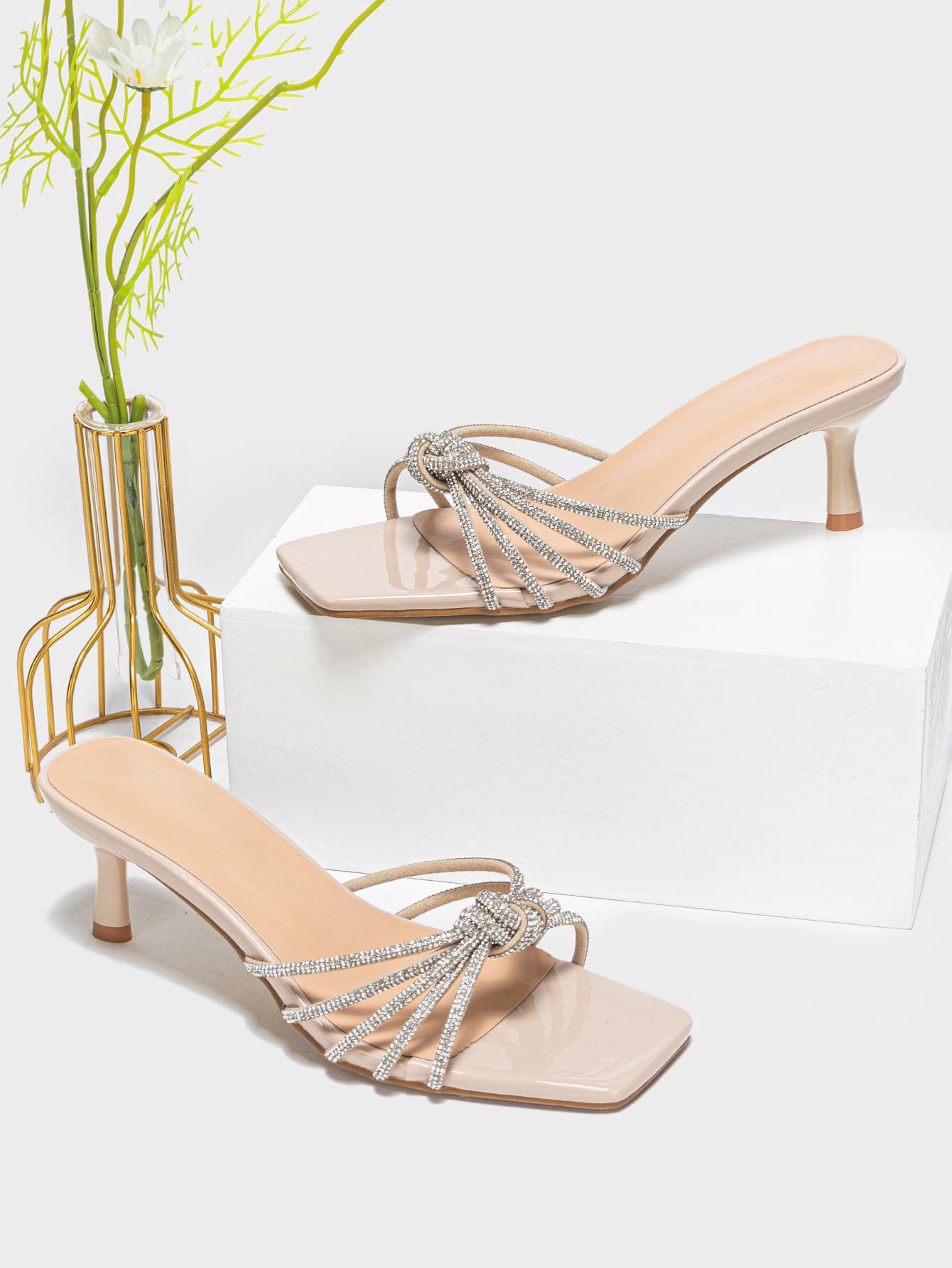 女士水钻结饰细高跟穆勒凉鞋，魅力派对玻璃高跟凉鞋情人节款，小猫跟鞋 - 藕粉色 - 查看 1