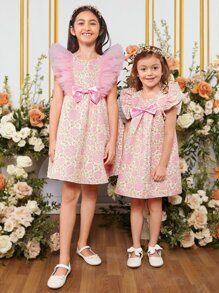 SHEIN Tween Girl 1pc Floral Jacquard Ruffle Trim Bow Front Mesh Dress - Multicolor - View 6