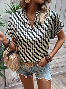 SHEIN LUNE Allover Print Batwing Sleeve Blouse - Khaki - View 6