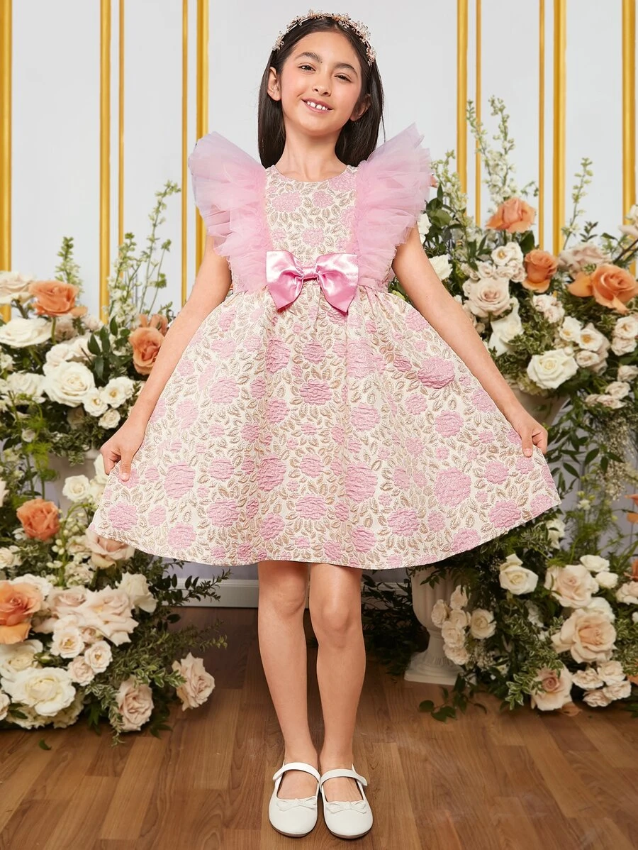 SHEIN Tween Girl 1pc Floral Jacquard Ruffle Trim Bow Front Mesh Dress - Multicolor - View 1