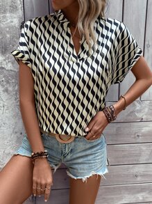 SHEIN LUNE Allover Print Batwing Sleeve Blouse - Khaki - View 1