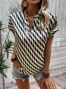 SHEIN LUNE Allover Print Batwing Sleeve Blouse - Khaki - View 4