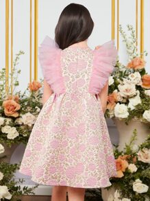 SHEIN Tween Girl 1pc Floral Jacquard Ruffle Trim Bow Front Mesh Dress - Multicolor - View 2