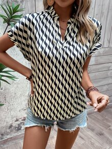 SHEIN LUNE Allover Print Batwing Sleeve Blouse - Khaki - View 3