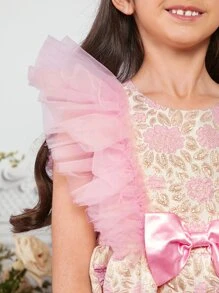 SHEIN Tween Girl 1pc Floral Jacquard Ruffle Trim Bow Front Mesh Dress - Multicolor - View 3