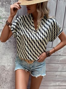 SHEIN LUNE Allover Print Batwing Sleeve Blouse - Khaki - View 5