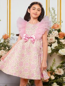 SHEIN Tween Girl 1pc Floral Jacquard Ruffle Trim Bow Front Mesh Dress - Multicolor - View 5