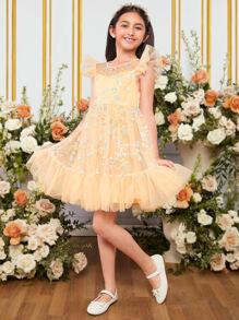 SHEIN 女孩花卉刺繡荷葉邊網紗覆蓋洋裝 - 黃色 - 查看 1