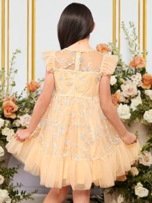 SHEIN 女孩花卉刺繡荷葉邊網紗覆蓋洋裝 - 黃色 - 查看 2