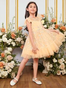 SHEIN 女孩花卉刺繡荷葉邊網紗覆蓋洋裝 - 黃色 - 查看 4