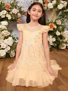 SHEIN 女孩花卉刺繡荷葉邊網紗覆蓋洋裝 - 黃色 - 查看 5