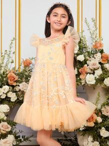 SHEIN 女孩花卉刺繡荷葉邊網紗覆蓋洋裝 - 黃色 - 查看 6