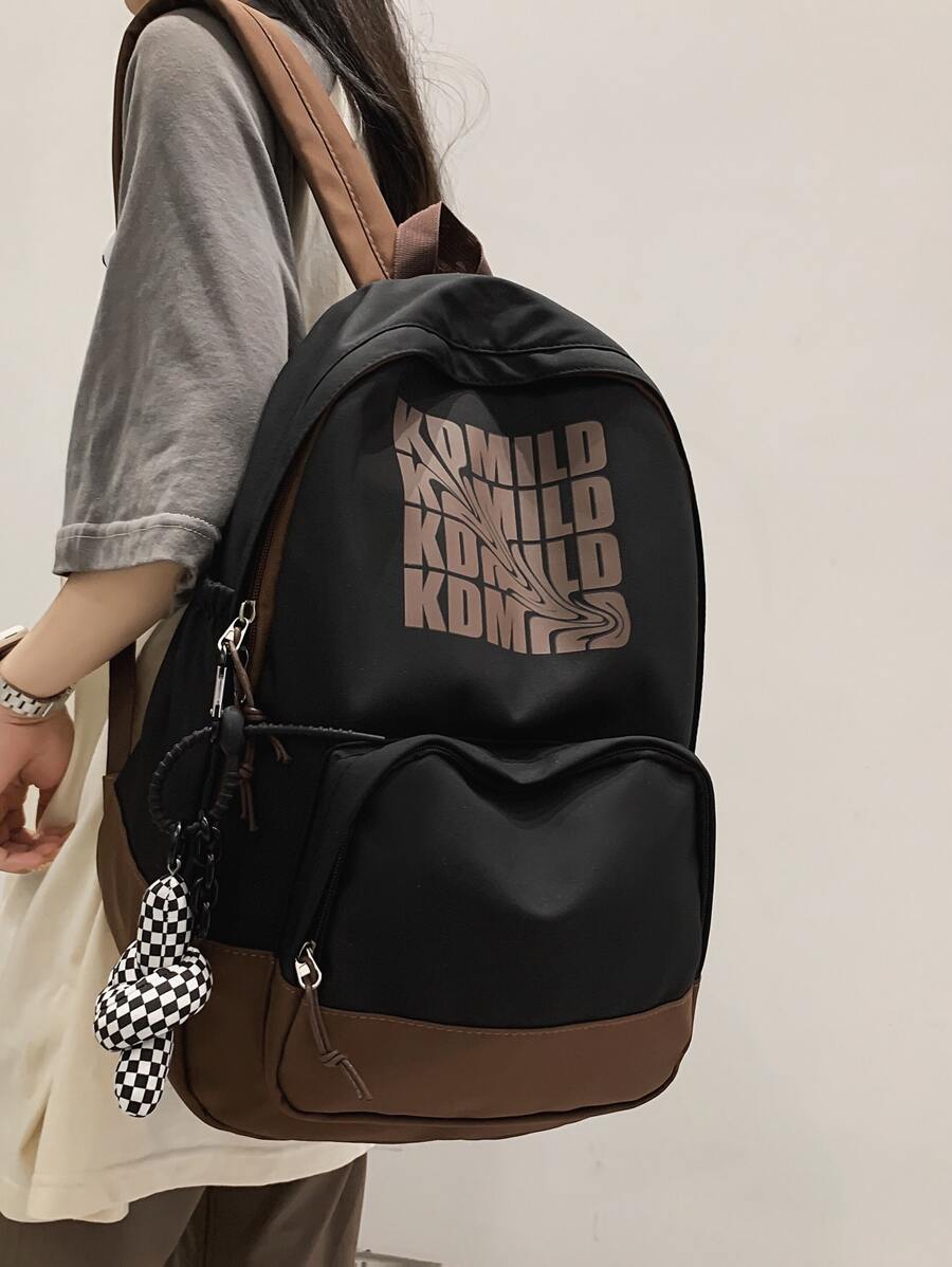 Letter Pattern Classic Backpack Colourblock Adjustable Strap With Bag Charm For School - Black - View 1