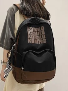 Letter Pattern Classic Backpack Colourblock Adjustable Strap With Bag Charm For School - Black - View 2