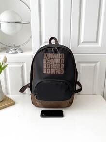 Letter Pattern Classic Backpack Colourblock Adjustable Strap With Bag Charm For School - Black - View 3