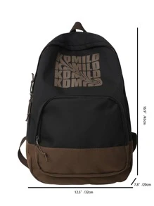 Letter Pattern Classic Backpack Colourblock Adjustable Strap With Bag Charm For School - Black - View 4