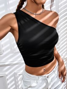 SHEIN EZwear Top crop de un hombro fruncido - Negro - Ver 3