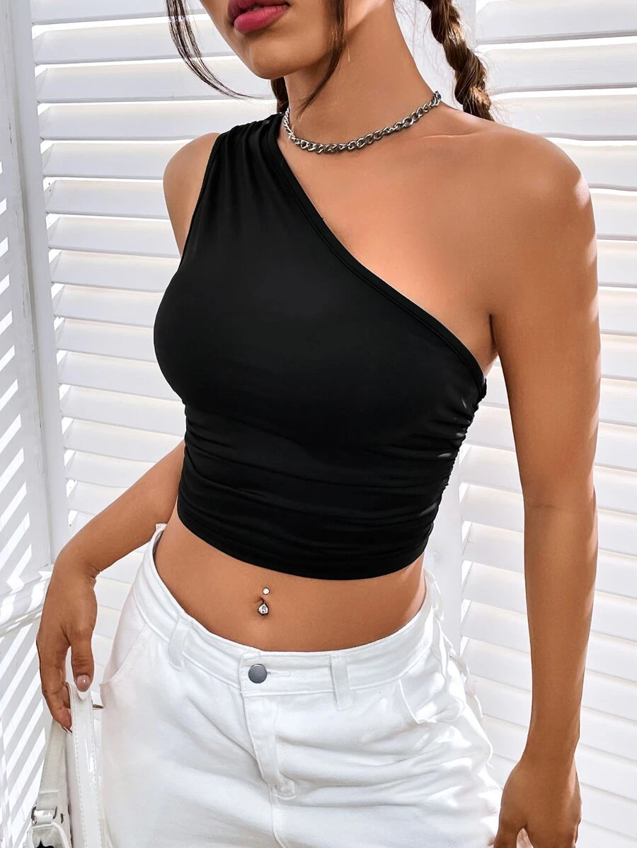 SHEIN EZwear Top crop de un hombro fruncido - Negro - Ver 1
