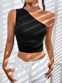 SHEIN EZwear Top crop de un hombro fruncido - Negro - Ver 4