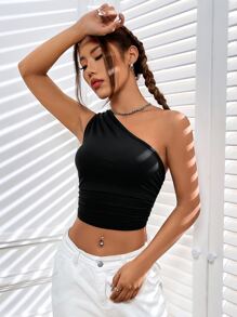 SHEIN EZwear Top crop de un hombro fruncido - Negro - Ver 5