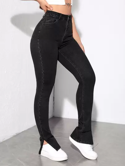 SHEIN SXY Svart Retro Style Split Fåll Skinny Jeans