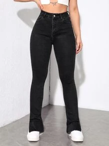 SHEIN SXY Black Retro Style Split Hem Skinny Jeans - Black - View 3