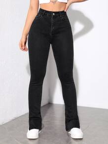 SHEIN SXY Black Retro Style Split Hem Skinny Jeans - Black - View 6